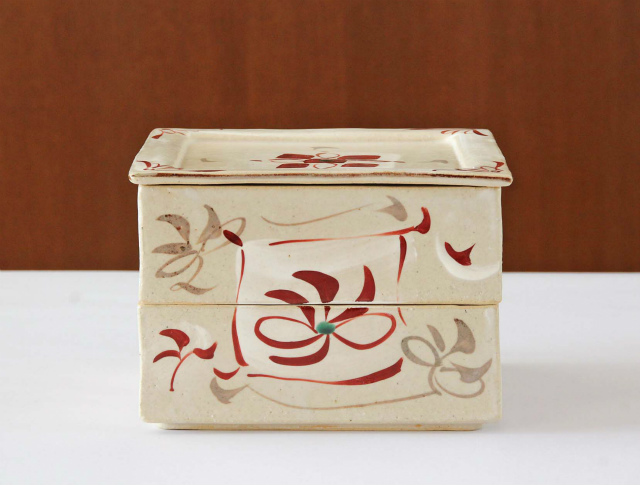 赤絵花草紋二段お重箱 陶器 - 【おとなの和食器屋 さんすい通販
